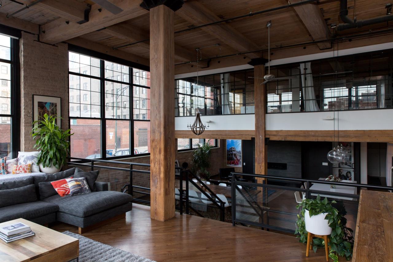 Loft urban industrial living room contrasting city style textures space decoist kansas coherent dashing uses create