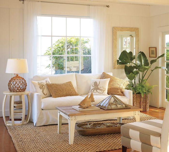 Living coastal room beach rooms rattan inspirations horizon cottage sofa bohemian neutral space coffee curtains style combination table great woven