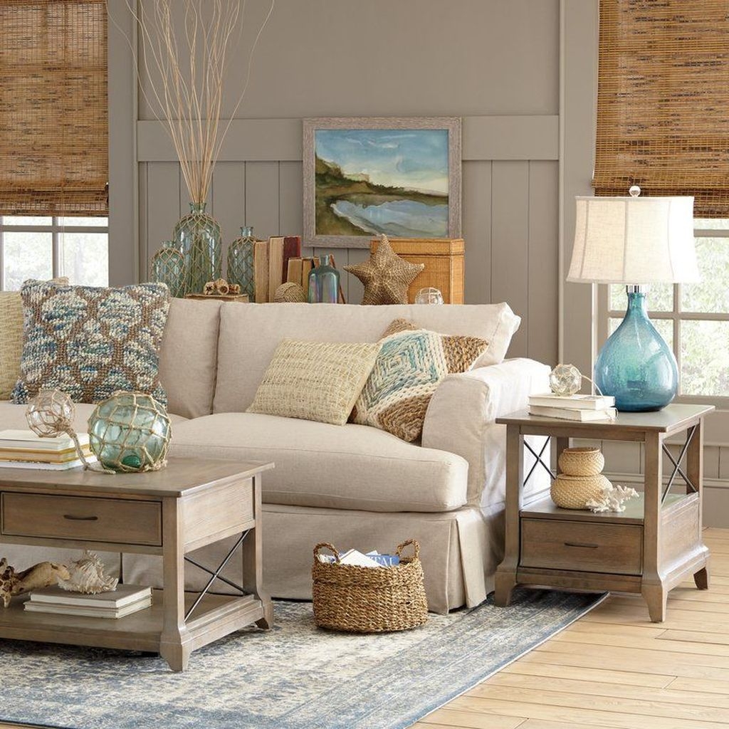 Coastal living room decor beach theme blue furniture neutral beige cottage interior rooms nautical birch themed lane designs house diy