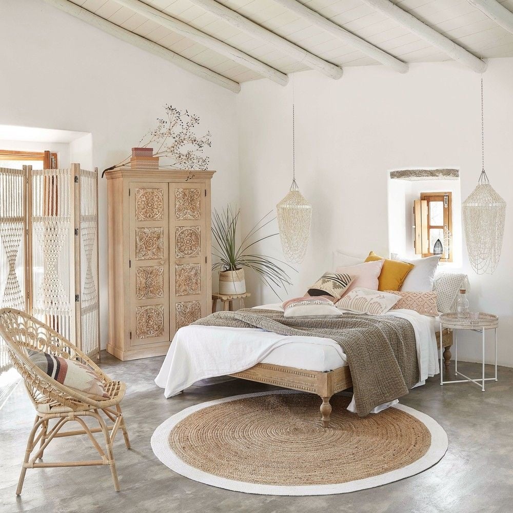 Bedroom neutral beige room tones decor boho vintage inspiration instagram interior designs